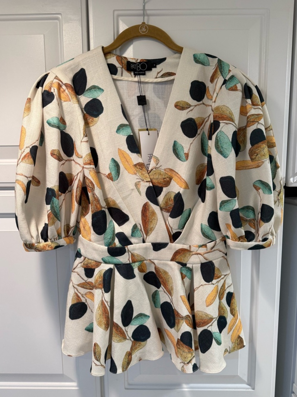 PatBO Cream Botanical Puff-Sleeve Wrap Top Dress